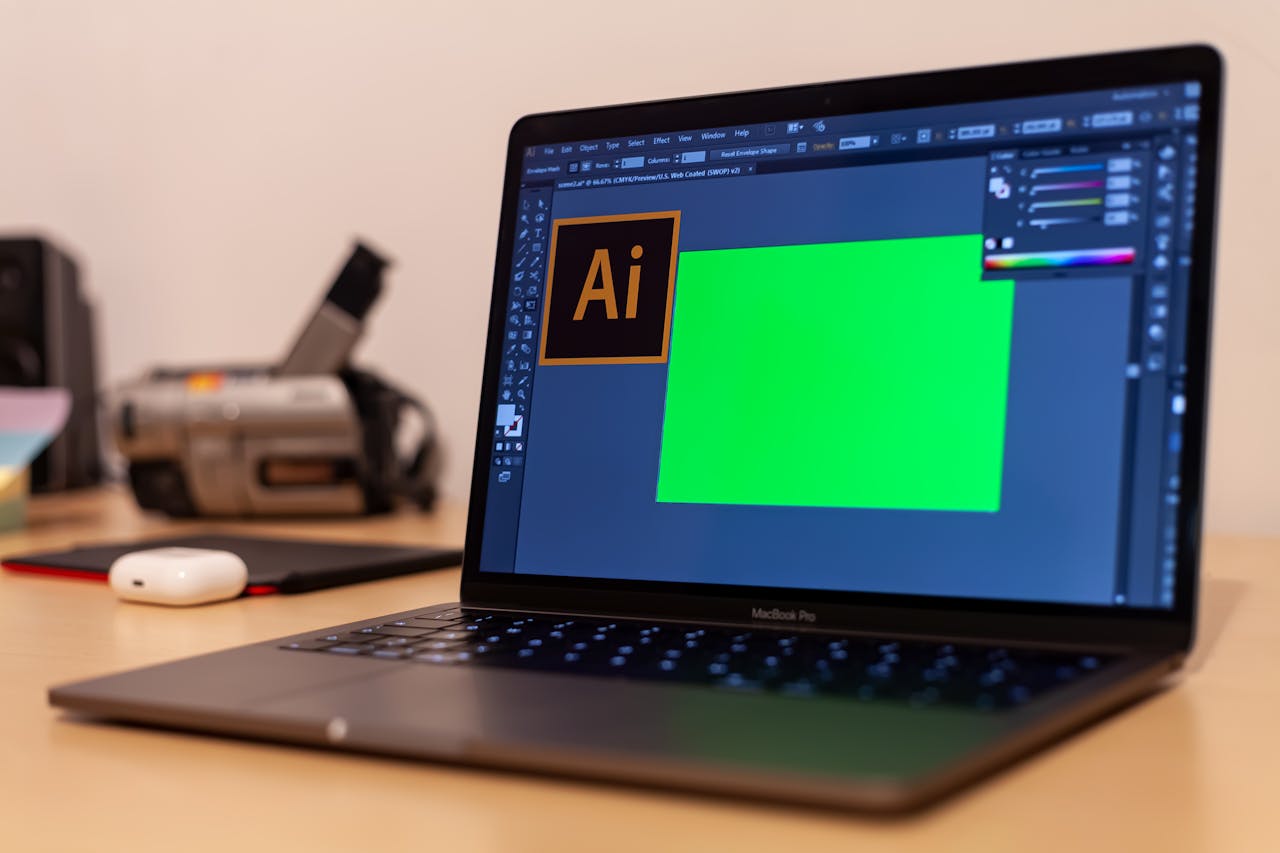 Services-01 Close-up of a MacBook Pro with Adobe Illustrator open on a desk, showcasing creative workspace essentials.